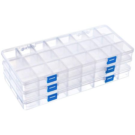 BENECREAT 3 Packs 24 Grids Large Transparent Plastic Storage Box Organizer with Adjustable Dividers for Beads, Jewelry and Other Craft Accessories - 12.8x6.2x1.2 Inches