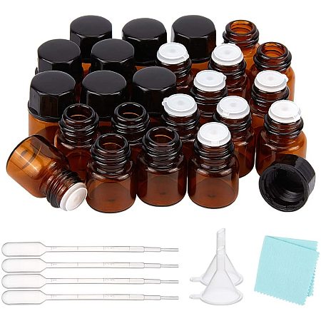 BENECREAT 50 Pack 1ml Mini Amber Glass Essential Oil Sample Bottle Refillable Glass Orifice Bottle with Pipettes, Funnels, Hoppers and Cloth for Essential Oils Aromatherapy Fragrance