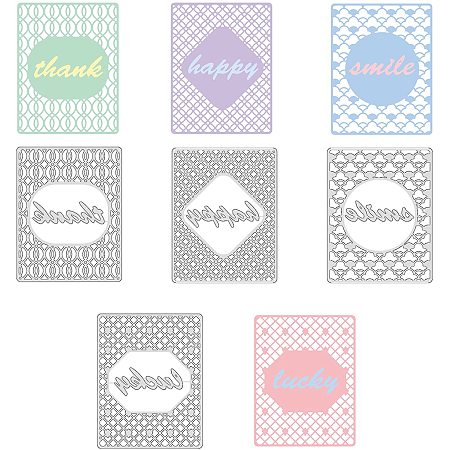 GLOBLELAND 4Pcs 4Styles Rectangle Metal Cutting Dies Smile Thank Happy Lucky Theme Template Molds for DIY Scrapbooking Greeting Cards Making Album Envelope Decoration,Matte Platinum,5.3x4Inches