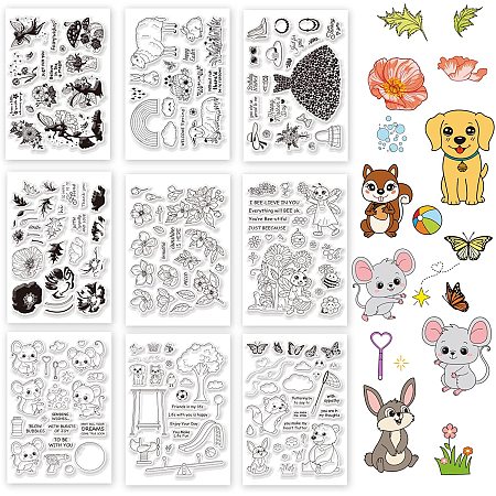 GLOBLELAND 9 Sheets Mixed Theme Silicone Clear Stamps Seal for Card Making Decor and DIY Scrapbooking(Elf Fairy Easter Sheep Bunny Floral Dress Mother's Day Poppy Peach Bumblebee Butterfly Animal)