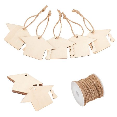 NBEADS 20 Pcs Cap Shaped Wooden Cutouts, Unfinished Wooden Blank with Jute Cord Wooden Hanging Tags Ornaments for Graduation Party Decorations