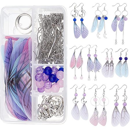 SUNNYCLUE 1 Box DIY 10 Pairs Butterfly Dragonfly Wing Earring Making Kits Moon Star Charms Fabric Wings Decoration & Glass Beads with Jump Rings for Handmade Earrings Beginner, Mixed Color