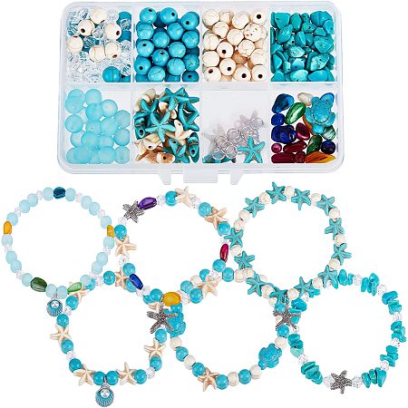 SUNNYCLUE 1 Box DIY 6 Pcs Boho Style 8mm Summer Ocean Turtle Beads Adjustable Beading Bracelet Making Kit Synthetic Turquoise Starfish Beads for Jewelry Making Sea Shell Charms Alloy Starfish Charm