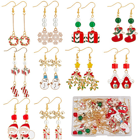 SUNNYCLUE Christmas Earring Making Kit, Including Wreath & House & Gift & Sock Alloy Enamel Pendants, Glass Star & Cube & Imitation Pearl Beads, Brass Earring Hooks, Mixed Color, 150Pcs/box