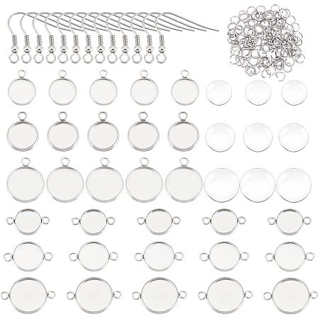 UNICRAFTALE About 60pcs 6 Sizes 10-14mm Flat Round Trays Stainless Steel Pendant Cabochon Setting with Transparent Glass Cabochons Settings for Jewelry Making DIY Findings Stainless Steel Color