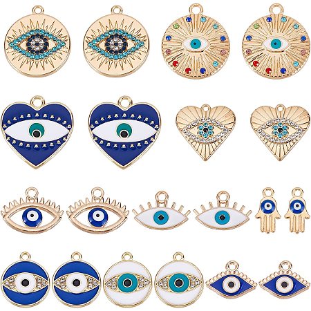 SUNNYCLUE 1 Box 40Pcs Evil Eye Charms Evil Eyes Charm Valentine's Day Heart Charm Flat Round Rhinestone Hamsa Hand Lucky Charms Love Charms for Jewelry Making Charm Earrings Necklace DIY Supplies