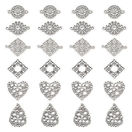 PandaHall Elite DIY Jewelry Making Finding Kit, Including Alloy Links Connectors & Pendants, Rhombus & Flower & Heart & Teardrop & Square, Antique Silver, 15.5~28x15.5~24.5x1~2mm, Hole: 0.8~3mm, 10Pcs/style