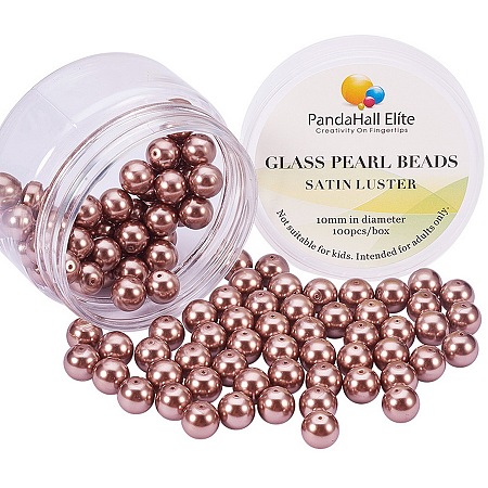 PandaHall Elite 10mm Anti-flash Brown Glass Pearl Tiny Satin Luster Round Loose Pearl Beads for Jewelry Making, about 100pcs/box