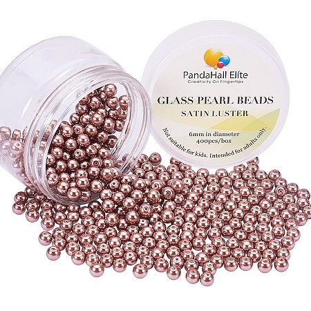 PandaHall Elite 6mm Anti-flash Brown Glass Pearls Tiny Satin Luster Round Loose Pearl Beads for Jewelry Making, about 400pcs/box