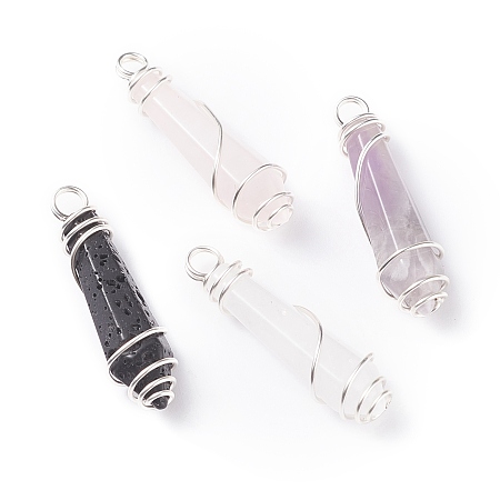 Honeyhandy Natural Pointed Gemstone Pendants, with Copper Wire Wrapped, Bullet, Silver, 36.5x10.5x10.5mm, Hole: 3.5mm