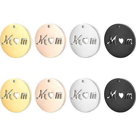 PandaHall Elite 8pcs Mom Charms 304 Stainless Steel Flat Round Pendant 4 Colors Letter Words Charm Dainty Charm for Earring Necklace Bracelet DIY Mother's Day Birthday Jewelry Gift, 20mm