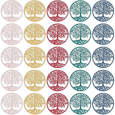 UNICRAFTALE 30Pcs 5 Colors Flat Round with Tree of Life Filigree Pendants 430 Stainless Steel Spray Painted Charms Etched Metal Embellishments Pendants for DIY Jewelry Making