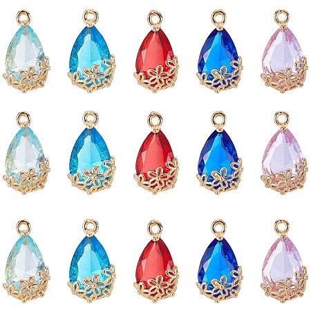 Transparent Glass Pendants, for DIY Jewelry Making, with Brass Findings, Faceted, teardrop, with Flower, Light Gold, Mixed Color, 16x9x6mm, Hole: 1.2mm; 5colors, 4pcs/color, 20pcs/box