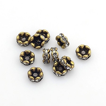 Honeyhandy Brass Rhinestone Spacer Beads, Grade AAA, Wavy Edge, Nickel Free, Antique Bronze, Rondelle, Crystal, 6x3mm, Hole: 1mm