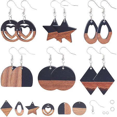 SUNNYCLUE DIY Dangle Earring Making Kits, include Resin & Walnut Wood Pendants, Brass Earring Hooks and Iron Jump Rings, Mixed Shapes, Black, Pendants: 12pcs/box