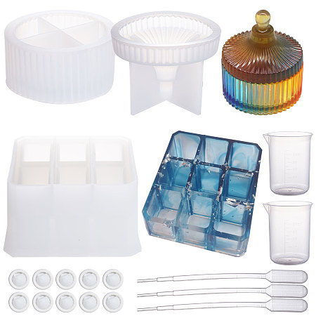 SUNNYCLUE Silicone Storage Box Molds, Resin Casting Molds, For UV Resin, Epoxy Resin Jewelry Making, with Disposable Latex Finger Cots, Measuring Cup and Pipettes Dropper, White