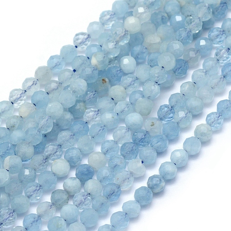 ARRICRAFT Natural Aquamarine Beads Strands, Round, Faceted, 4mm, Hole: 1mm, about 105pcs/strand, 15.35 inches(39cm)