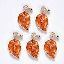 Arricraft Alloy Enamel Pendants, Leaf, Light Gold, Coral, 20x10x2mm, Hole: 1.6mm