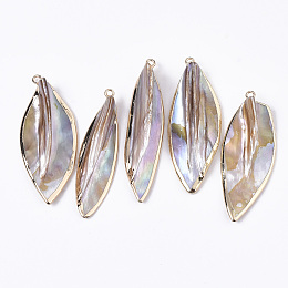 Honeyhandy Natural Freshwater Shell Big Pendants, with Iron Loops, Edge Golden Plated, Leaf, 47~52x13~20x7~9mm, Hole: 1.6mm