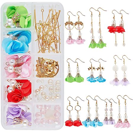 SUNNYCLUE DIY Flower Cloth Earring Making Kits, include Iron Cloth Pendants, Glass & Natural White Shell Beads, Brass Earring Hooks and Iron Jump Rings, Mixed Color