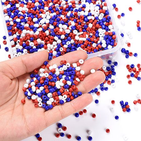 Arricraft 300G 6500pcs 3 Colors Independence Day Glass Seed Beads, Opaque Colours Seed Beads, 4th of July Patriotic American Blue Red White Small Craft Beads for DIY Jewelry Making, Round, Mixed Color, 8/0, 3mm, Hole: 1mm, 100g/color