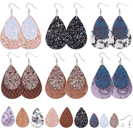 SUNNYCLUE DIY Making, with Imitation Leather Big Pendants and Brass Earring Hooks, Mixed Color, 39x25x2mm, Hole: 1.5mm