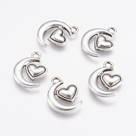 Honeyhandy Alloy Pendants, Moon and Heart, Antique Silver, 17x13x2mm, Hole: 2mm