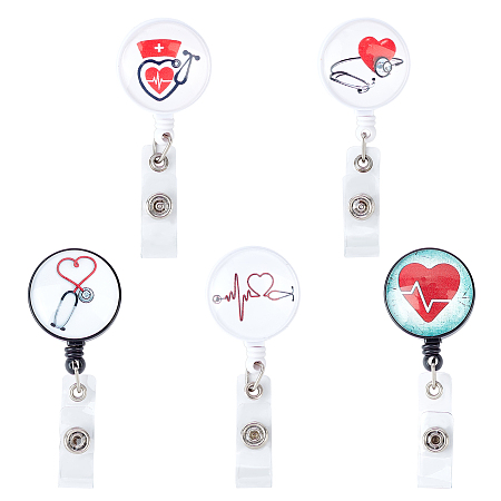 Glass Retractable Badge Reel, Nurse Badge Clip, ID Name Badge Holder, with Iron Alligator Clip, Heart Pattern, Mixed Color, 85mm; Flat round: 43x32x21mm, 5pcs/set