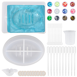 Olycraft DIY Oval Soap & Soap Storage Box Molds Kits, with Nail Art Sequins/Paillette, Transparent Plastic Round Stirring Rod, Disposable Latex Finger Cots, Whitet