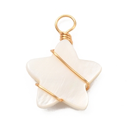 Honeyhandy Natural Freshwater Shell Pendants, with Real 18K Gold Plated Eco-Friendly Copper Wire, Star, Creamy White, 24x18x4mm, Hole: 4mm