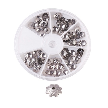 304 Stainless Steel Bead Caps, Flower, Stainless Steel Color, 7x1.5mm, Hole: 1mm; 120pcs/box