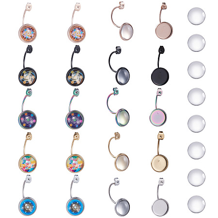 SUNNYCLUE DIY Earring Makings, with Vacuum Plating 304 Stainless Steel Ear Nuts, Earring Backs and Transparent Glass Cabochons, Flat Round, Mixed Color, 35x18x16mm, Hole: 0.8mm