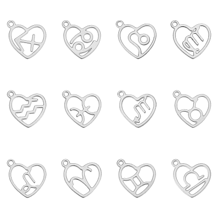 Unicraftale Vacuum Plating 304 Other Pendants & Charms, Laser Cut, Heart with Constellation, Stainless Steel Color, 15.5x13x0.8mm, Hole: 1.5mm; 12 Constellations, 2pcs/constellation, 24pcs/box