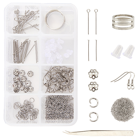 SUNNYCLUE DIY Earring Making Kits, with 304 Stainless Steel Cable Chains & Bead Caps & Earring Hooks, Stainless Iron Tweezers and Brass Wide Band Ring Components, Stainless Steel Color, 3x2x0.5mm