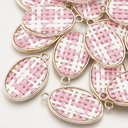 Alloy Pendants, with Linen, Oval, Golden, Pink, 28x17x2.5mm, Hole: 2mm