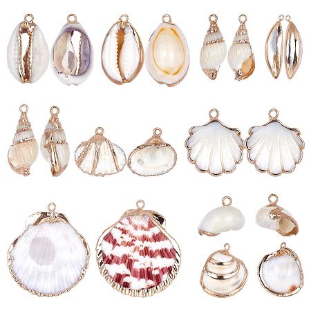 SUNNYCLUE Electroplate Natural Shell Pendants, with Golden Plated Iron Findings, Mixed Shapes, Seashell Color, 20pcs/box