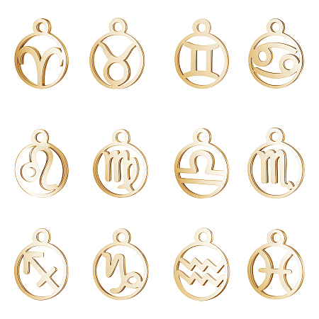 Unicraftale 304 Stainless Steel Pendants, Manual Polishing, Ring with Twelve Constellations, Golden, 18x16x1.5mm, Hole: 1.6mm, 12 Constellations, 1pc/constellations, 12pcs/box