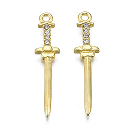 Honeyhandy Alloy Rhinestone Pendants, Cadmium Free & Lead Free, Golden, Sword, Crystal, 35x8x2.5mm, Hole: 1.8mm