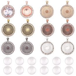 SUNNYCLUE DIY Pendant Making, with Flat Round Alloy Rhinestone Pendant Cabochon Settings and Transparent Glass Cabochons, Crystal, Tray: 25mm; 43x34x3mm, Hole: 4x7mm, 12pcs/set