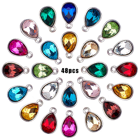 SUNNYCLUE Alloy Glass Charms, Faceted, Teardrop, Platinum, Mixed Color, 14.5x9x5mm, Hole: 1.5mm, 12 colors, 4pcs/color, 48pcs/box
