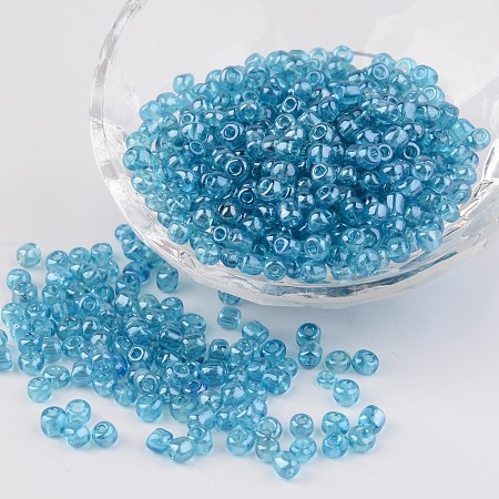 Honeyhandy Round Glass Seed Beads, Trans. Colours Lustered, Light Blue, Size: about 4mm in diameter, hole: 1.5mm, about 496pcs/50g