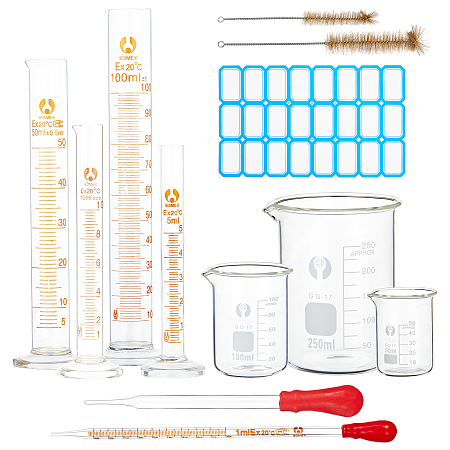 OLYCRAFT 12pcs Lab Measuring Glass Beakers Set 50ml 100ml 250ml Glass Graduated Cylinder Set with Beaker Brush Glass Dropper and Label Paper for Science Lab for for Science Lab