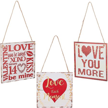 FINGERINSPIRE Valentine's Day Theme, Density Board Hanging Wall Decorations for Front Door Home Decoration, with Clasp and Hemp Cord, Square with Word, Mixed Patterns, 15x15x0.5mm, Hole: 4.5mm; 3 patterns, 1set/pattern, 3sets/bag