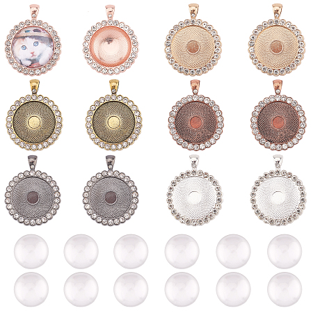 SUNNYCLUE DIY Pendant Making, with Flat Round Alloy Rhinestone Pendant Cabochon Settings and Transparent Glass Cabochons, Crystal, Tray: 25mm; 43x34x3mm, Hole: 4x7mm, 12pcs/set