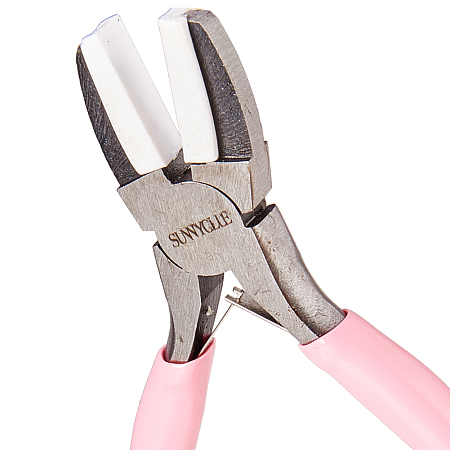 SUNNYCLUE 45# Carbon Steel Jewelry Pliers, Flat Nose Pliers, Nylon Jaw Pliers, Polishing, Pink, 132x93x10.5mm