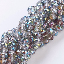 Honeyhandy Electroplate Glass Beads Strands, Rainbow Plated, Faceted, Rondelle, Light Grey, 8x6mm, Hole: 1mm, about 68~70pcs/strand