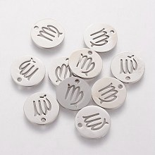 Honeyhandy 304 Stainless Steel Charms, Flat Round with Constellation/Zodiac Sign, Stainless Steel Color, 12x1mm, Hole: 1mm