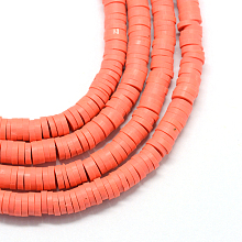 Honeyhandy Eco-Friendly Handmade Polymer Clay Beads, Disc/Flat Round, Heishi Beads, Light Coral, 6x1mm, Hole: 2mm, about 380~400pcs/strand, 17.7 inch