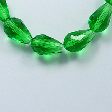 Honeyhandy Glass Beads Strands, Faceted, teardrop, Green, 15x10mm, Hole: 2mm, about 48pcs/strand, 27.56 inch(70cm)