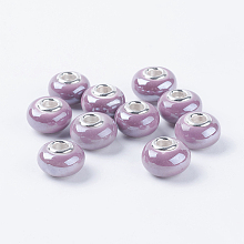 Honeyhandy Handmade Porcelain Ceramic Spacer European Beads Fit Charm Bracelets, with Silver Color Brass Double Cores, Rondelle, Purple, 15x11mm, Hole: 5mm